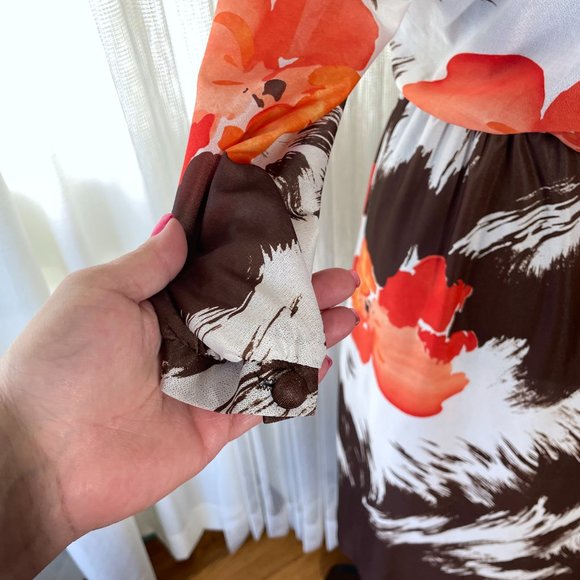 Vintage 70s shirtdress, long sleeves , brown floral, elastic waist, size medium - Picture 6 of 9